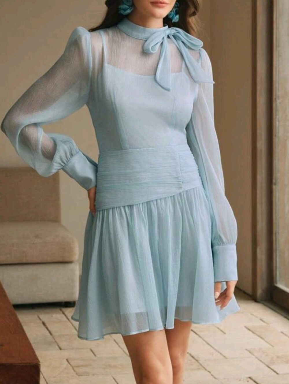 New Chic Tie Neck Short Dress Sheer Long Sleeve Drop Waist Blue